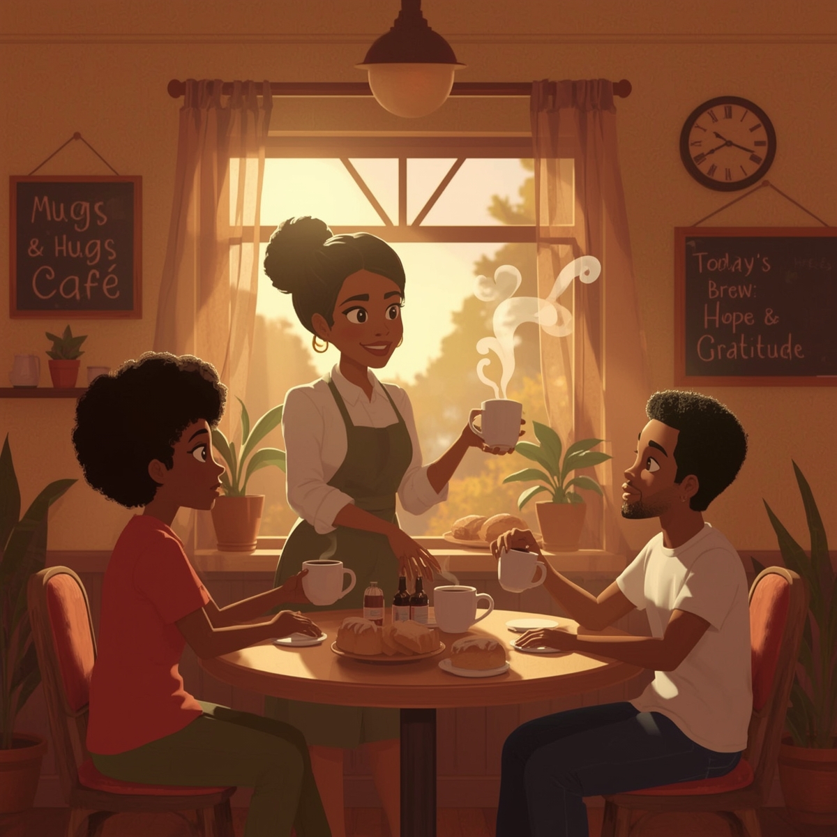 Lucid_Realism_A_cozy_cartoon_caf_scene_at_sunrise_called_Mugs__0